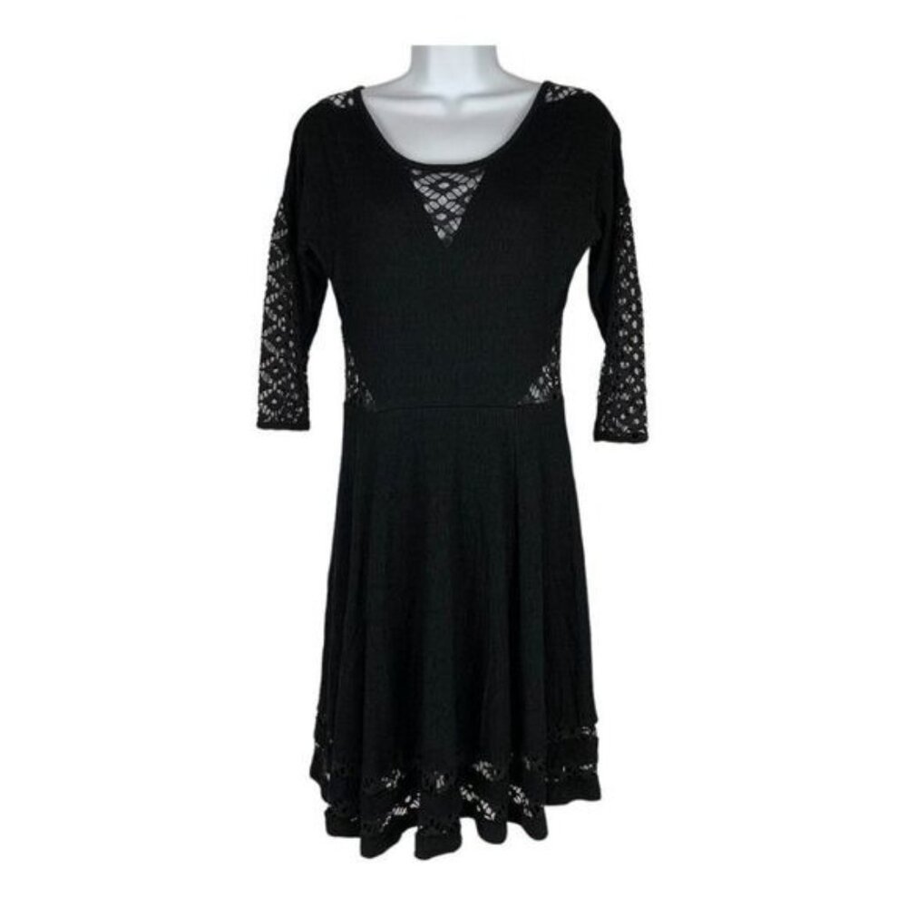 Free People Black Lace-Trimmed 3/4 Sleeve Fit & Flare Dress Size 7/8 Rayon Blend